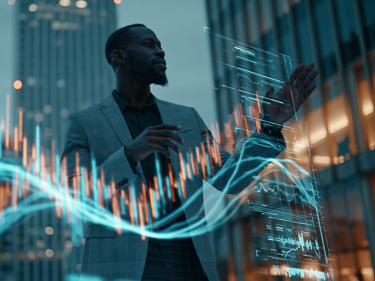 An analyst directing live holographic market data