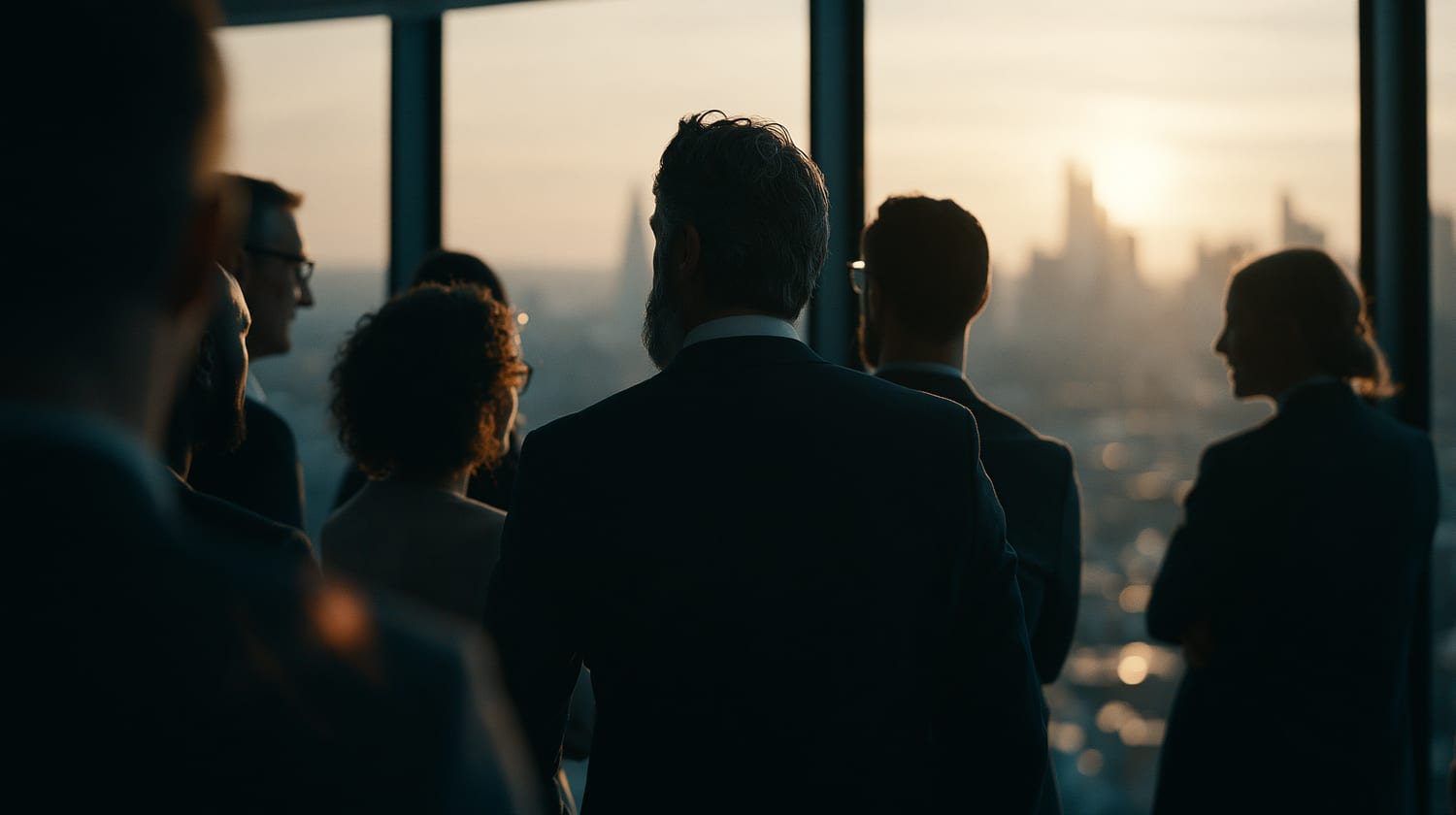 Finance professionals at a skyline window