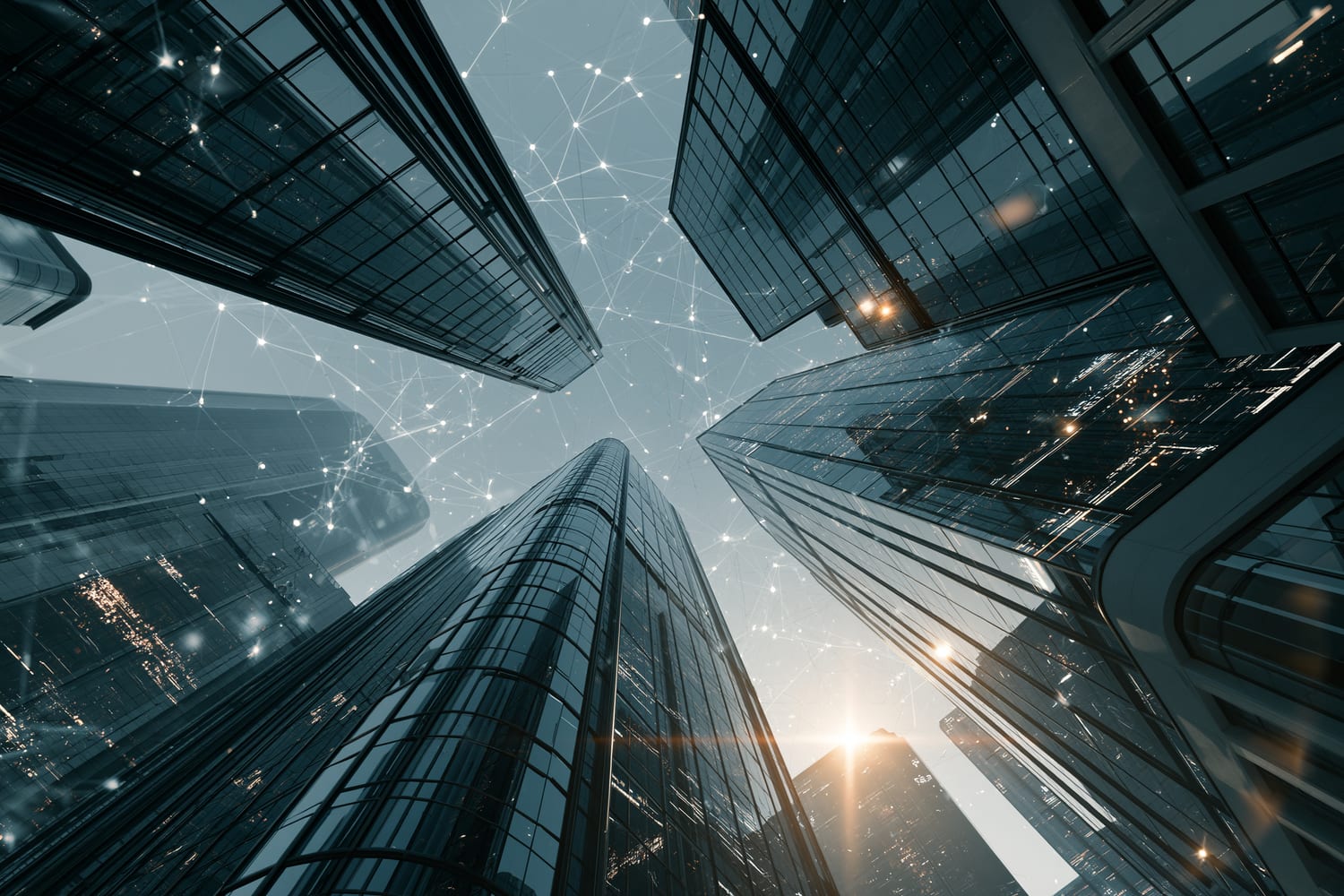Looking up at a financial-district skyline